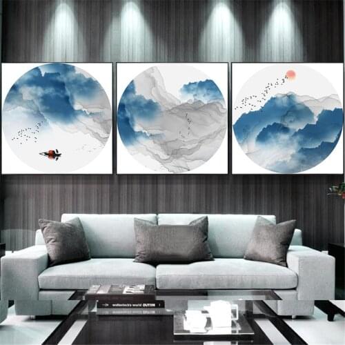 Chinese Mountain Water Landscape Painting Bird Abstract Poster Canvas Painting Wall Pictures for Living Room Decor Wall Art