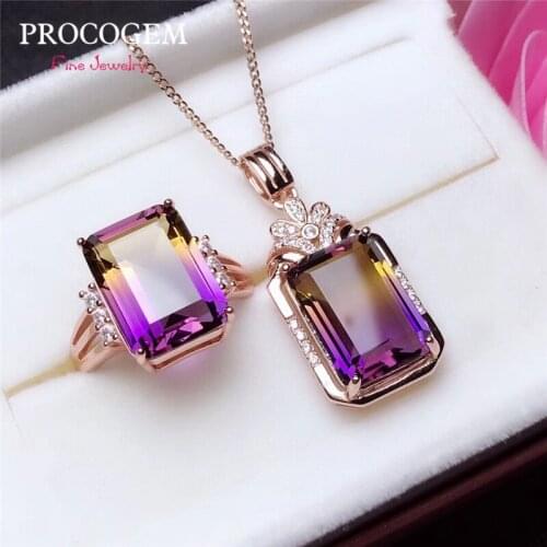 New Luxurious Trendy Ametrine Jewelry sets for Women Party Gifts Necklace Ring 10x14mm fine Jewelry set 925 Sterling Silver #843