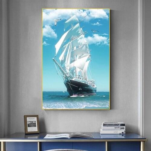 Nordic Minimalist Wall Art Seascape Poster Print Nautical Sailboat Canvas Painting Modern Living Room Pictures Home Decoration
