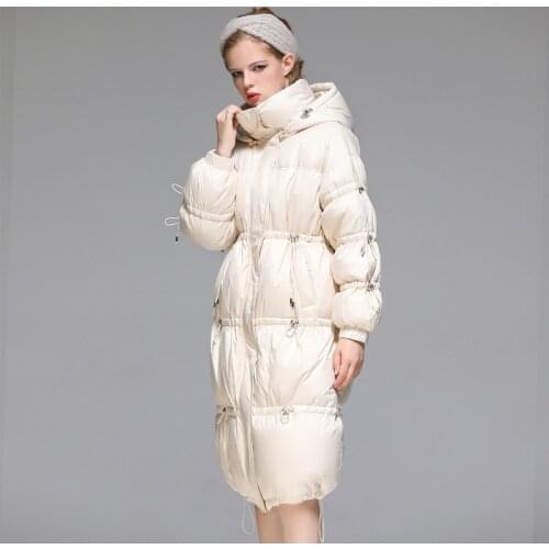 Fashion Womens Hooded Collar Fluffy Down Coat Female Winter Over-The-Knee Hooded Drawstring Was Thin Warm Down Parkas F2492