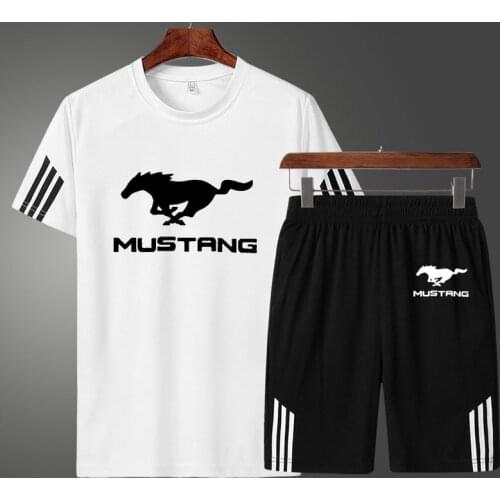 2021Summer Mens T-shirt Mustang Car Logo Printing Casual High Quality Cotton Mens short sleeve + shorts two-piece suit