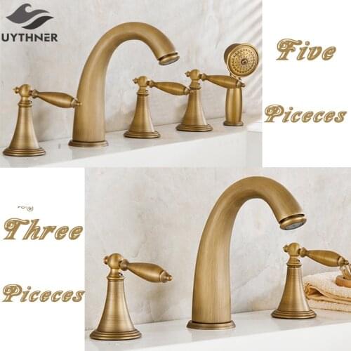 Uythner Deck Mounted 3Pcs & 5Pcs Bathtub Faucet Set w/ Hand Sprayer Mixer Tap Antique Brass Finish