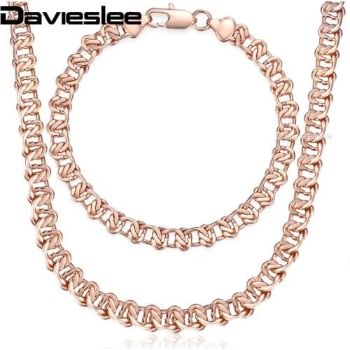 Davieslee Men Womens Jewelry Set Rose Gold Bracelet Neckalce Set Curb Cuban Snail Chain Wholesale Jewelry 2018 Gift 7.5mm LGS63