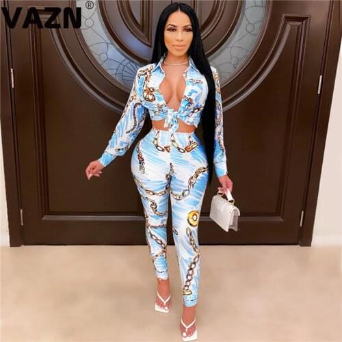 VAZN New Elegant Lady Women Shinny Ladies Striped V-neck 2020 Set Long Sleeve Full Pant 2 Piece Sets Night Club Sets