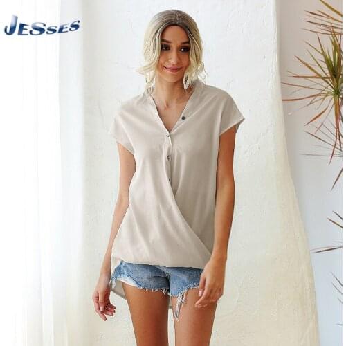 Slim Fashion Bat Short-sleeved T-shirt Single-breasted Button V-neck Top Solid Color Large Size Chiffon T Shirt Women Casual Tee