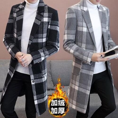 Autumn and Winter Plaid Woolen Coat Mens Mid-length Windbreaker Mens Jacket Plus Velvet Thick Slim-fitting Woolen Coat Men