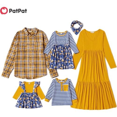 PatPat Mosaic Family Matching Sets in Autumn(V-neck Solid Dresses - Plaid Shirts - Long Sleeve T-shirts) Family Look Sets