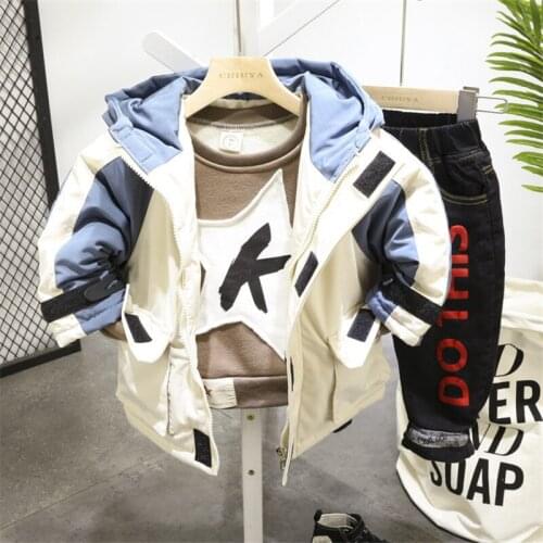 2 3 4 5 6 Y Kids Tracksuit Thicken Cartoon Cotton Jacket Coats Plus Velvet Long-sleeved Shirt Jeans Toddler Boys Clothing Sets