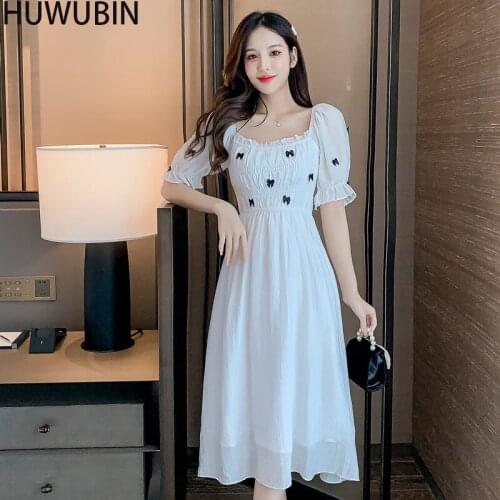 Summer New 2021 French Long Fairy Dress Chic Square Neck Bubble Sleeve Bow First Love Gentle Wind Sweet Fashion Elegant Dress