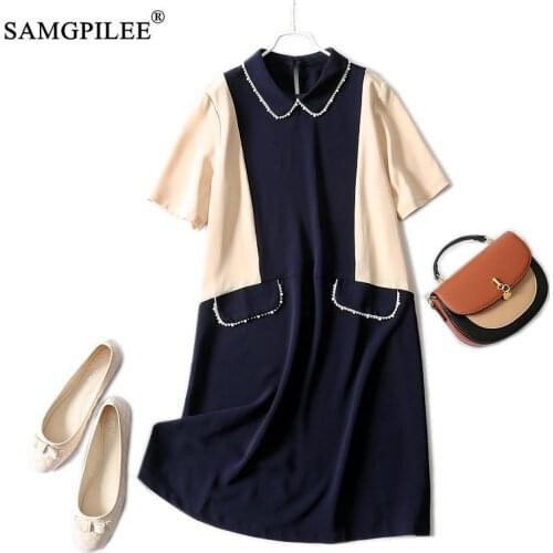 Summer Clothes For Women 2021 New Office Lady A-line Patchwork Short Sleeve Peter Pan Collar Pocket Beaded Contrast Woman Dress