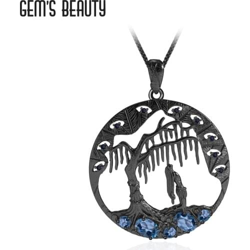 GEMS BEAUTY 925 Sterling Silver Natural Oval London Blue Topaz Necklace Round Handmade Pendant For Women Couple Romantic Gift