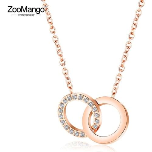 ZooMango Trendy Double Circle CZ Crystal Female Pendant Necklaces Stainless Steel Chain Link Choker Necklace For Girls ZN17078