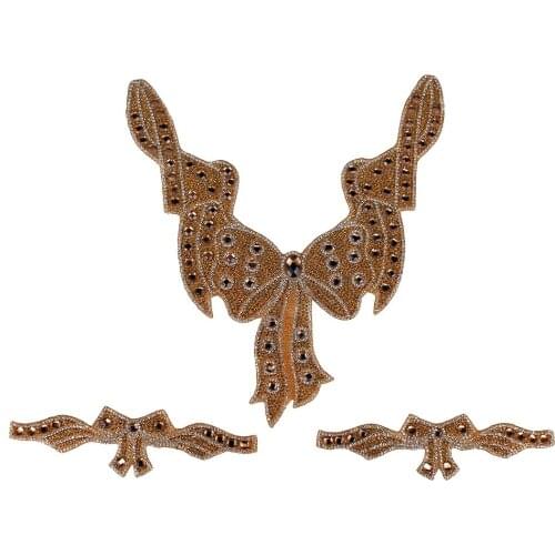 1set/3pieces Beads Crystal Hot Fix Motif Rhinestones Collar Applique Iron on Sleeve Patches Stickers for Dress