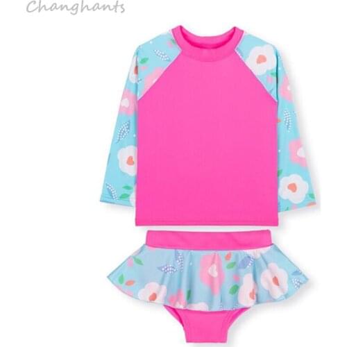 New Model 2-13 Y Girl Long Sleeve Rash Guard Child two Pieces Swimwear Pink Blue Flower Swimsuit Bathing Suit Rash Guard