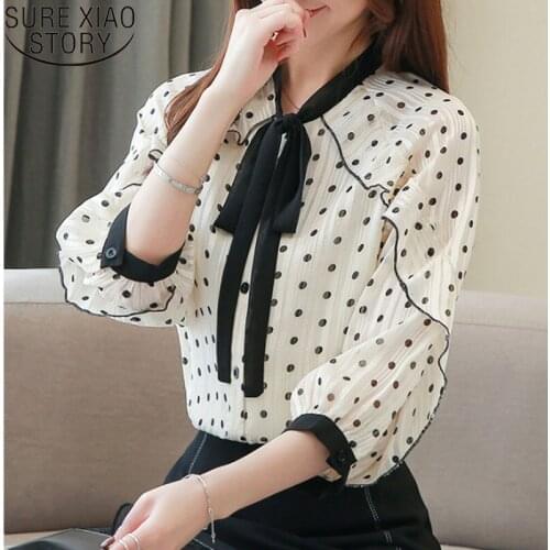 2019 Autumn Fashion Women Chiffon Blouses Casual Dot Ruffles Elegant Women Clothing Seven-piece Sleeve Bow Women Tops 5567 50