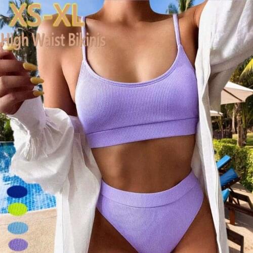2021 High Waist Bikini Beach Swimwear Women Solid Color Brazil Sexy Swimwear Ribbed Bikini Swimsuit Swimsuit Top Fashion