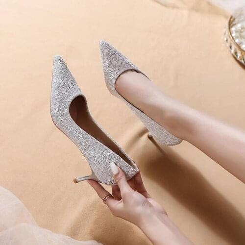 2021 New Fashion Wedding Shoes Lace Thin High Heels Plus Size Women 41 42 43
