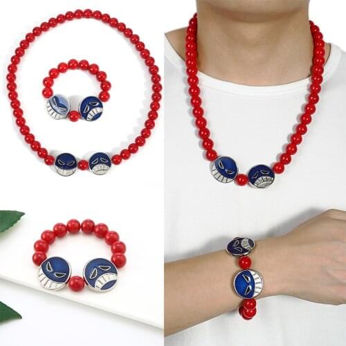 One Piece Portgas D Fire Fist Ace Cosplay Red Beads Bracelet Necklace Anime Stands Pendant High Quality Jewelry Choker Kolye