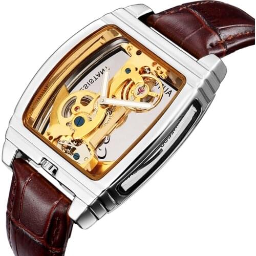 Luxury Transparent Automatic Mechanical Watch Men Steampunk Skeleton Gear Self Winding Leather Mens Clock Watches montre homme
