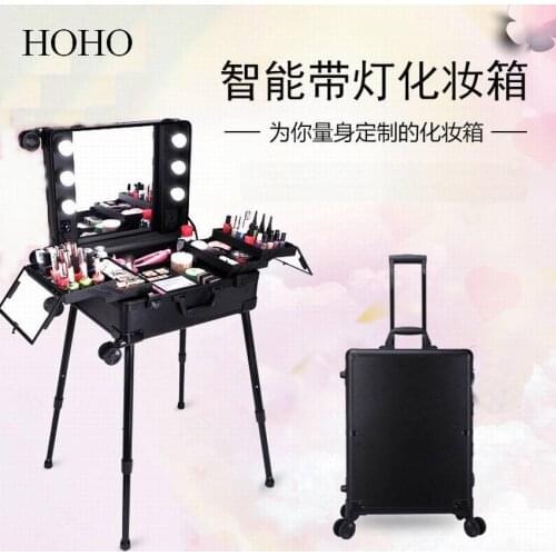 Trolley cosmetic case/lighted nail salon and tattoo case/beauty and makeup mobile support cosmetic case