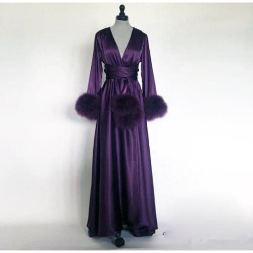 Purple Feather Night Robe Long Sleeves Custom Made Fur Satin Party Sleepwear Nightgowns Robes with Belt