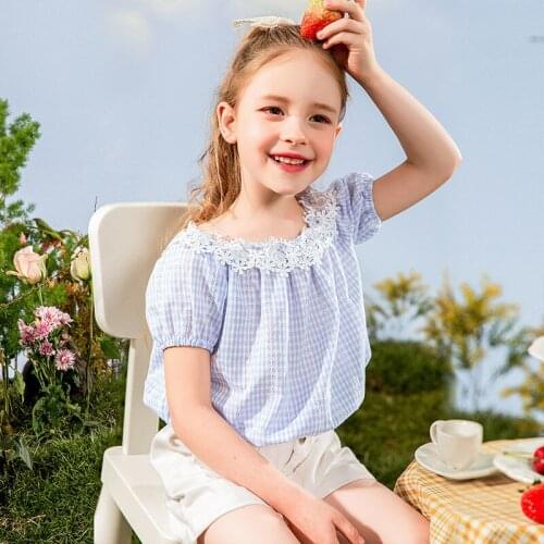 Summer Lace Light T Shirts For Girls Plaid Print Short Sleeve Thin Tops 3 - 12 Years Kids Fashion Casual Tshirt School Uniform