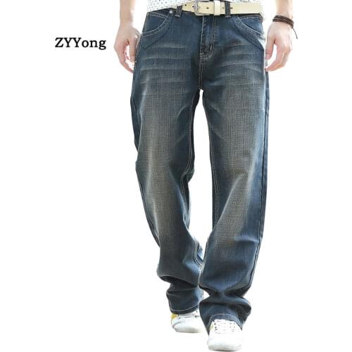 High Quality Casual Mens Jeans Straight Loose Baggy Streetwear Hip Hop Classic Denim Trousers Black Wide Leg Pants Size 44