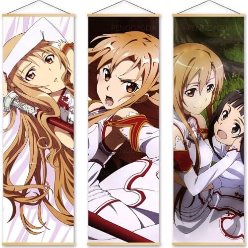 Canvas Home Decoration Sword Art Online Poster Print Pictures Wall Art Famous Cartoon Wooden Scroll Hanging Painting Living Room