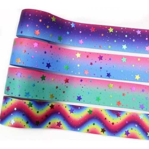 I-19911-2131,1-1/2‘’ 38mm,5 yards rainbow gradient hot color star Printed grosgrain Ribbons,bow cap accessories and decorations