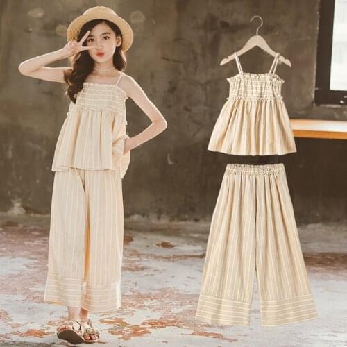 Girls Clothing Set Summer Kids Fashion Outfits Stripe Ruched Pleated Crop Top + Ankle-length Pants Sets Clothes for Girls 10 12