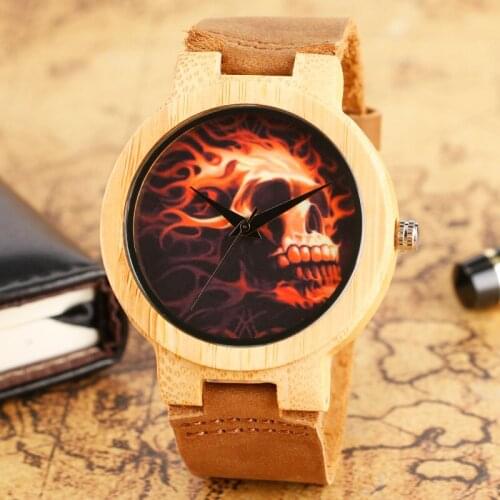 Cool Teenager Steampunk Skull Pattern Wrist Watch Natural Wooden Bamboo Wristwatches Men Women Speical Gift