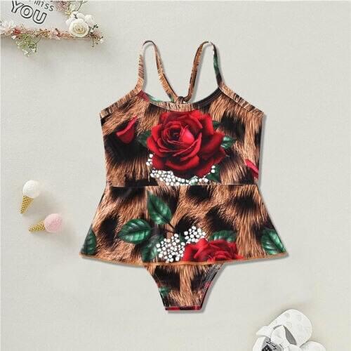2020 Rose Floral Leopard Swimsuit For 1-4Years Girl Toddler Baby Kids Sling Flower Swimwear Bikini Swimsuits Swimming Outfits