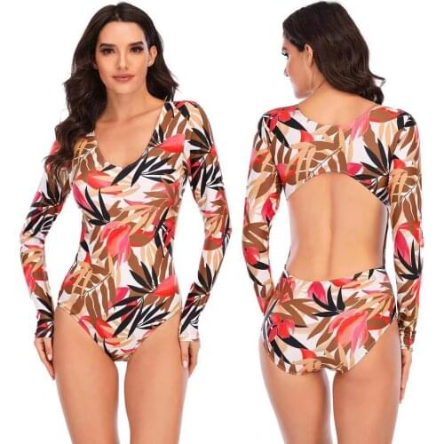 Swimsuit Women One Piece Padded Push Up Sexy Long Sleeve Leaves Print Swimwear High Cut Halter Bodysuit Bathing Suit