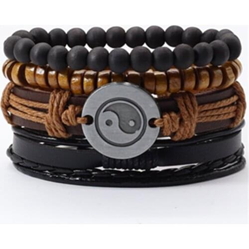 Taichi Brown Woven Wood Beaded Hip hop Jewelry Leather Men Bracelets Set Women Vintage Bangle Male Homme Jewelry Accessories