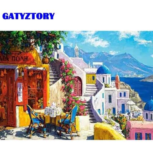 GATYZTORY Diy Oil Painting By Numbers Santorini Seascape Kits Canvas Handpainted Gift Pictures Houses Scenery Home Decor