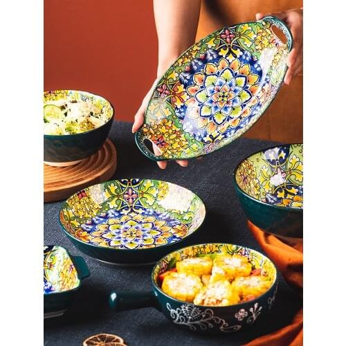Dishes set ceramic cutlery Bohemian vintage salad rice bowl double-eared soup noodles large bowl
