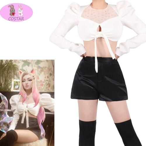 New KDA Ahri Cosplay Costumes LOL Game Lovely girl group Halloween Cosplay Costume White Sexy puff sleeve Baddest