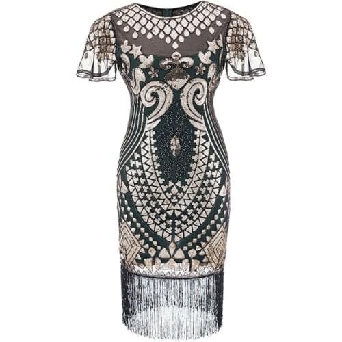 New Vintage 1920s Flapper Great Gatsby Dress O-Neck Short Sleeve Sequin Fringe Party Midi Dress Vestidos Verano 2021 New