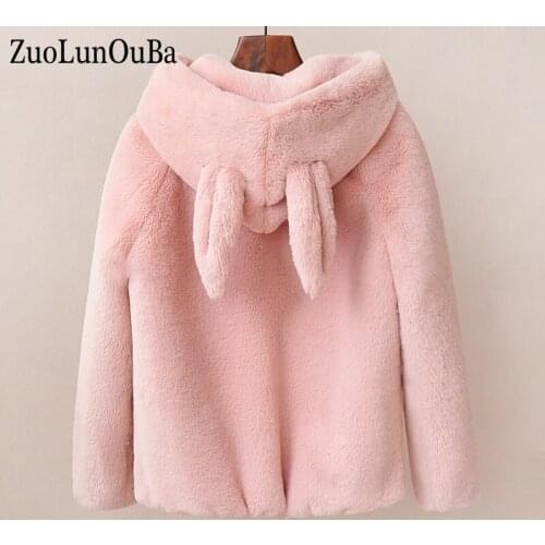 Autumn Winter Fashion Warm Pink Rabbit Ear Hat Women Hoodie Sweatshirt Long Sleeve Fleece Zipper Pocket Coat Tops