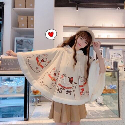 Autumn Winter Women Cape Shawl Kawaii Poncho Harajuku Cute Cat Ears Tops Female Japanese Loose Warm Cloak Girl Hooded Pullover