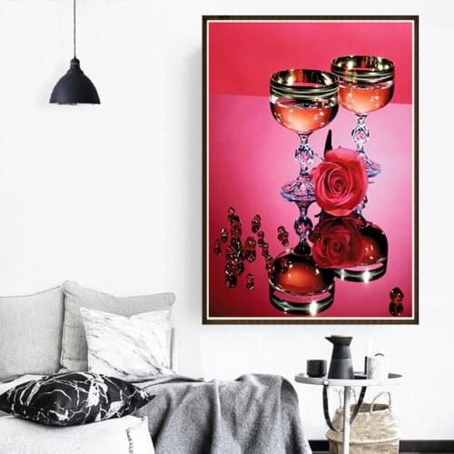 Full Round 5D DIY Diamond Painting Red Wine Glass Flowers Rose Diamond Embroidery Kit Mosaic Art Landscape Home Decoration