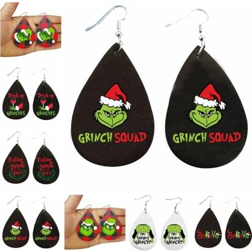Christmas Faux Leather Earrings 8 Pairs/Lot Grinch Santa Earrings Black Red Buffalo Plaid Pattern Bulk