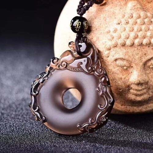 Lucky ice class obsidian FOO DOG Amulet 3 beast Pendant with mala Bead Necklace TALISMAN