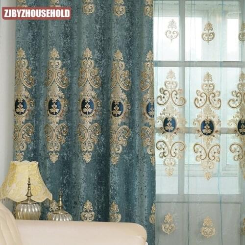 European Style Curtains for Living Room Bedroom Light Luxury Embroidered Chenille Curtain Door Window Drapes Blue Color