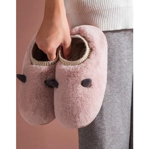 Women Faux Fur Slippers Solid Color Lovers Winter Indoor Shoes Cute Cartoon Anti-slip Female Male Home Floor Slipper Mute Slides