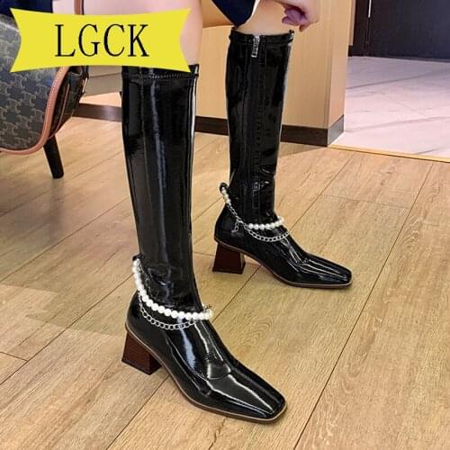 Plus Size 34-43 Keep Warm Knee High Boots Autumn Winter Patent Leather Women Shoes Square Toe Fashion High Heel Woman Boots