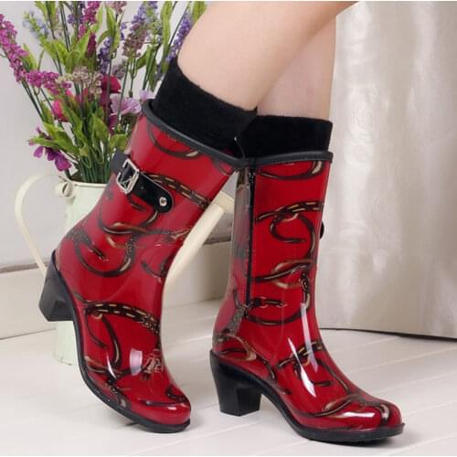 High Heel Side Zipper Female Rainshoes Rain Shoes Snow Boots Fashion Rubber Boots Antiskid All Seasons Additive Velvet Warmth