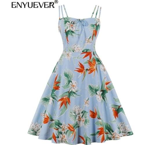 Enyuever Floral Print Vintage Dresses 50s 60s Retro Women Clothes Spaghetti Strap Cotton Robe Pin Up Swing Summer Dresses