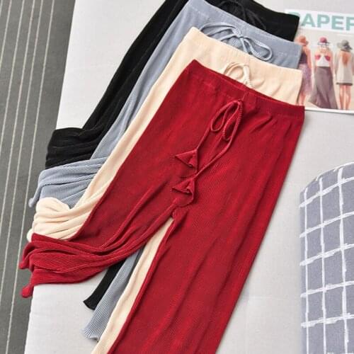 Ice silk flared pants womens thin section 2021 summer new Korean fashion drawstring pleated straight casual wide-leg pants