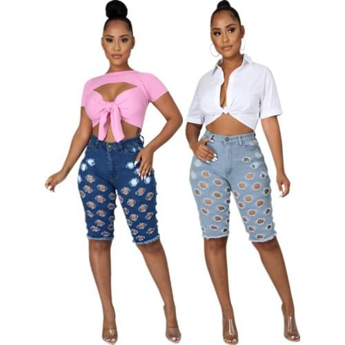 Summer New Hole Washed Knee Length High Waist Jeans Femme Boyfriend Jeans For Women